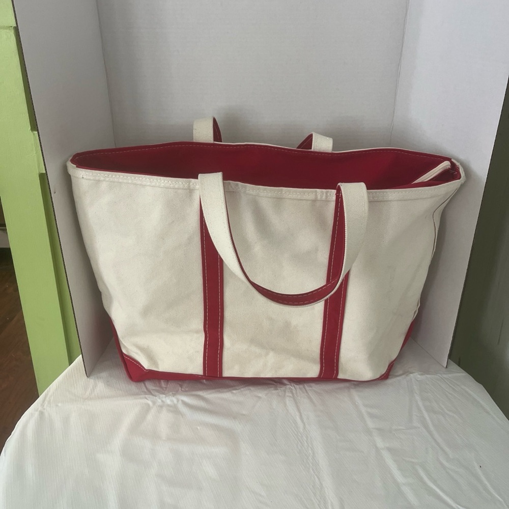 Vintage LL Bean Boat And Tote Bag Canvas Red Trim 1980s 1990s Approx 19”X12”